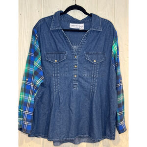 Women's Country Store Plus 2X Blue Denim Plaid Sleeve Button Down Shirt